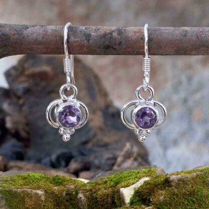 Delicate Faceted Amethyst & Open Sterling Design Pierced Earrings With Slight Dangle