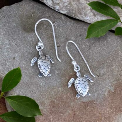An image of sterling silver Dangling Sea Turtle Earrings