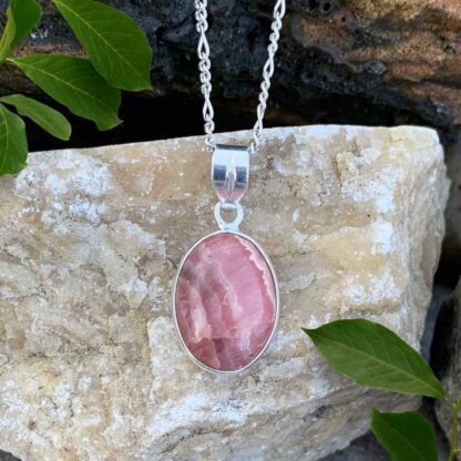 Dainty Oval Rhodochrosite and Sterling Silver Pendant