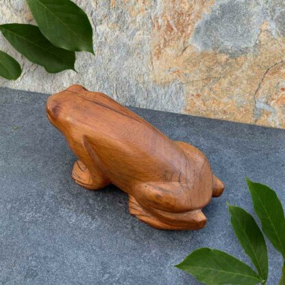 Handcrafted Moroccan Wood Frog that is 7 inches long. Angle from Rear Side