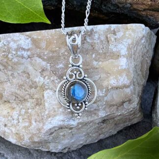 Feminine Round Labradorite Cabochon and Sterling Silver Pendant