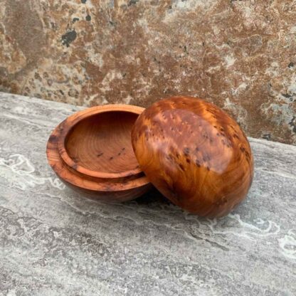 Medium Round Moroccan Thuya Wood Box with lid off that is 5 inches wide by 3 inches high