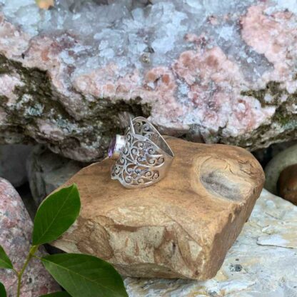 Stunning Faceted Amethyst Wide Filigree Sterling Silver Ring Side View