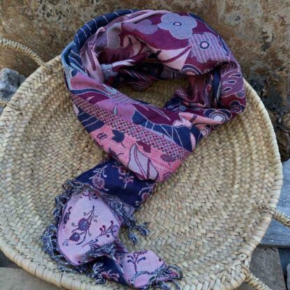 Contemporary Blues and Berries Scarf/Shawl with Bold Floral Design