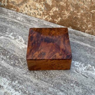 Small Square Thuya-Wood Box Made in Morocco with dimensions of 3.75 inches square and 2 inches high
