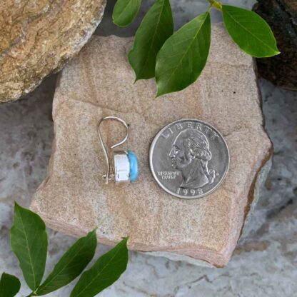 Larimar Round Secure Locking Sterling Silver Earrings Side View next to Quarter