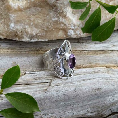 Pointed Filigree Sterling Silver Ring with Faceted Amethyst Gemstone Side View