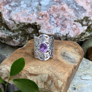 Stunning Faceted Amethyst Wide Filigree Sterling Silver Ring