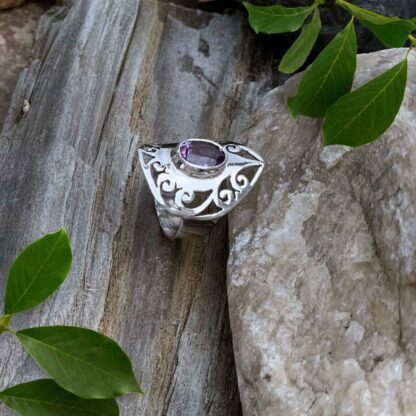 Pointed Filigree Sterling Silver Ring with Faceted Amethyst Gemstone Overhead Side View