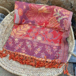 Contemporary Saffron and Red Scarf/Shawl with Bold Flowers and Leaves