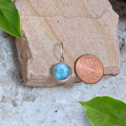 Larimar Round Secure Locking Sterling Silver Earrings Next to Penny