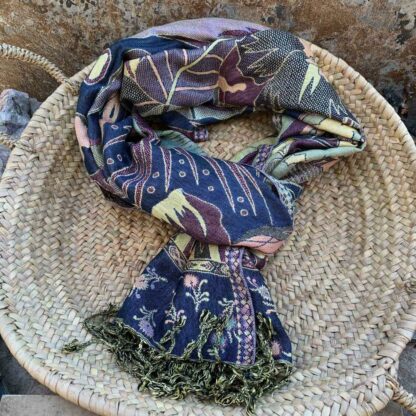 Contemporary Navy and Peach with Burgundy and Wheat colors Floral with Bold Leaves Scarf/Shawl