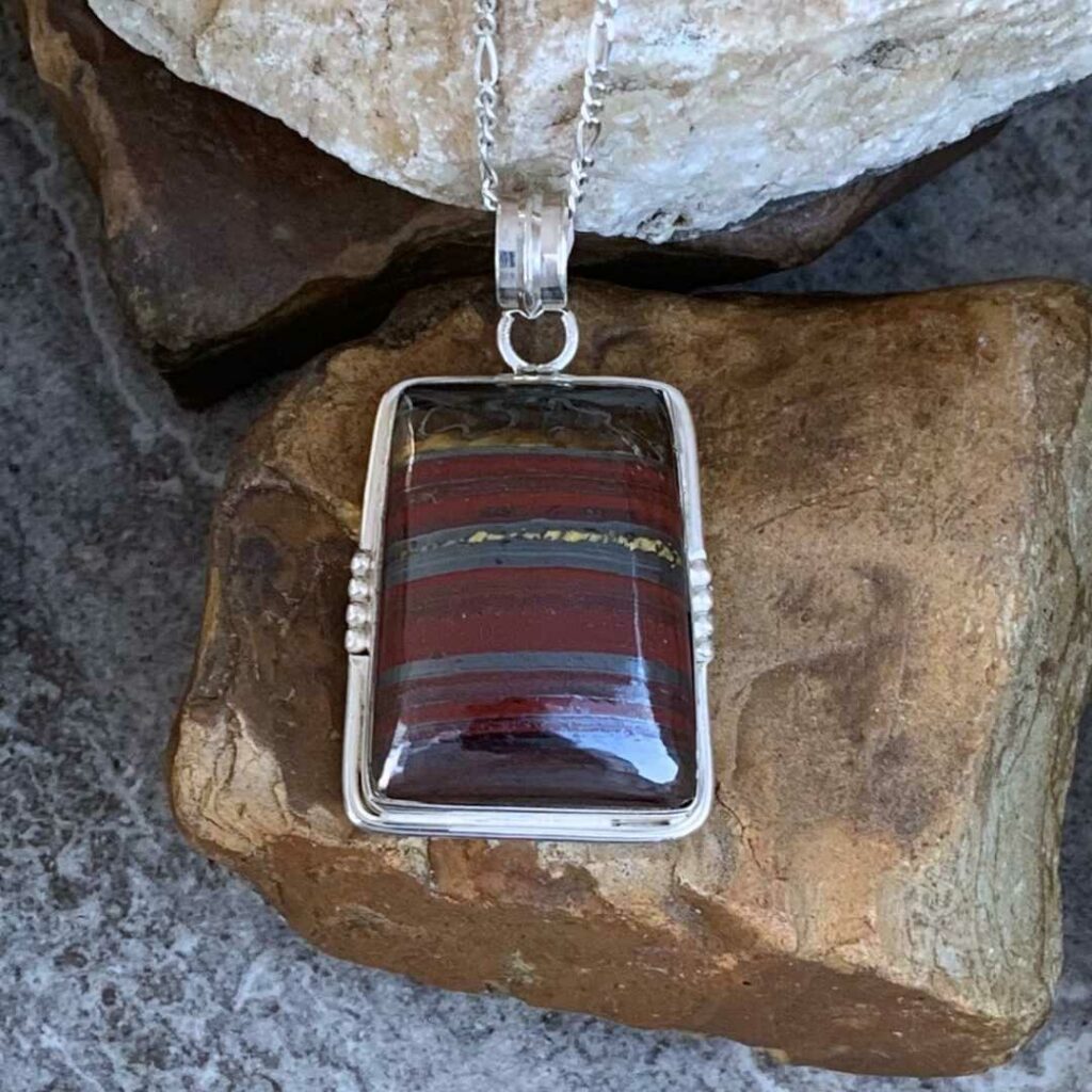 Rectangular Tiger Iron Stone and Sterling Silver Pendant