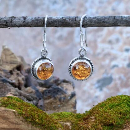 Round Amber and Sterling Silver Dangle Earrings