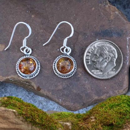 Round Amber and Sterling Silver Dangle Earrings Next to Dime