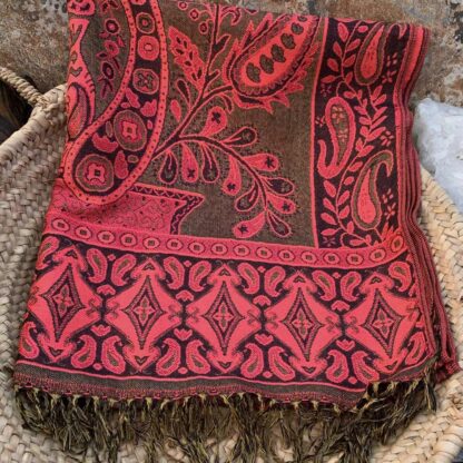 Coral and Tobacco Brown Paisley Scarf 26 X 72 inches