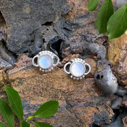An image of Dainty Rainbow Moonstone and Sterling Silver Stud Earrings