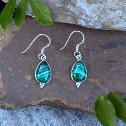 Malachite and Sterling Silver Pear Shaped Dangle Earrings