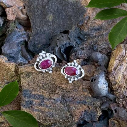 Oval Ruby and Sterling Silver Stud Earrings