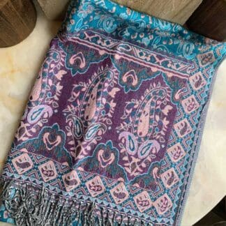 an image of a Turquoise and Purple with Peach Paisley Scarf