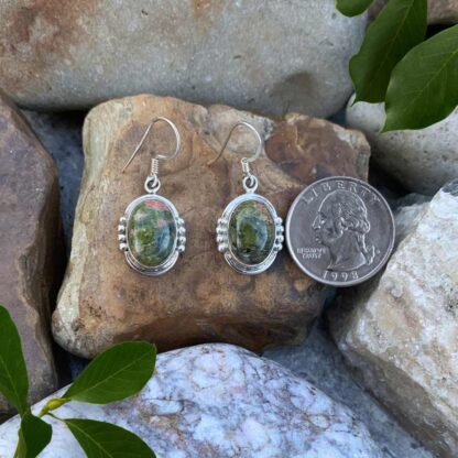 Oval Unakite and Sterling Silver Dangle Earrings
