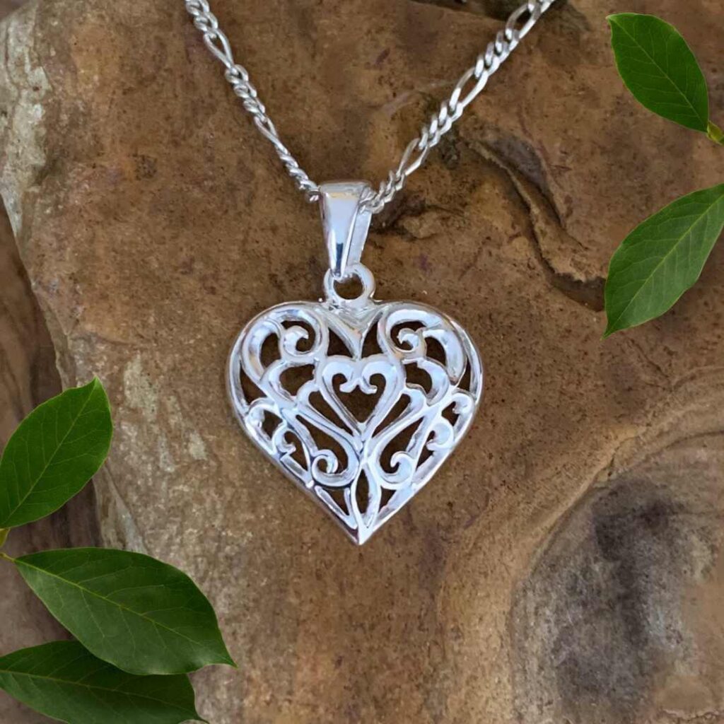 Silver Heart Pendant: Etched Heart Pendant on a 20