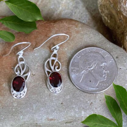 Sterling Silver Ribbons & Oval Faceted Garnet Earrings