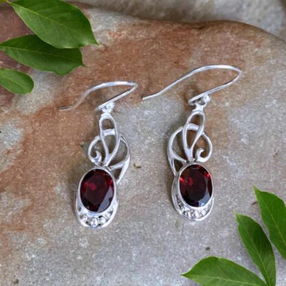 Sterling Silver Ribbons & Oval Faceted Garnet Earrings