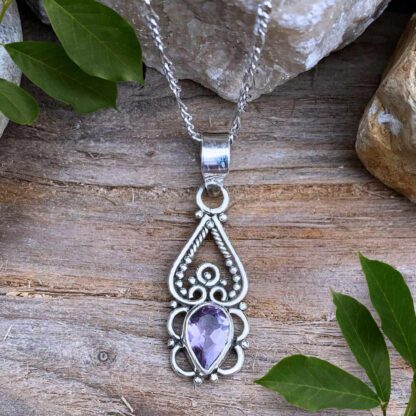 Enchanting Teardrop Amethyst and Sterling Silver Heart Pendant