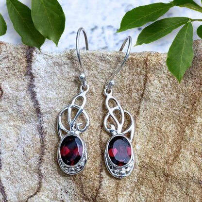 Sterling Silver Ribbons & Oval Faceted Garnet Earrings