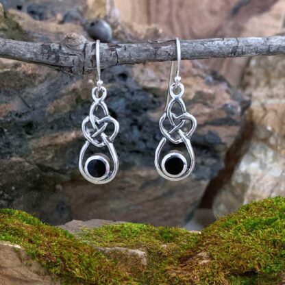 An image of a pair of Sterling Silver and Black Agate Celtic Heart Dangle Earrings with a total drop of .78 inches.