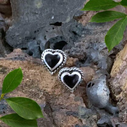 An image of a pair of Sterling Silver and Black Agate Heart Stud Earrings