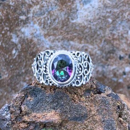 an image of an Ornate Faceted Oval Mystic Topaz and Sterling Silver Ring