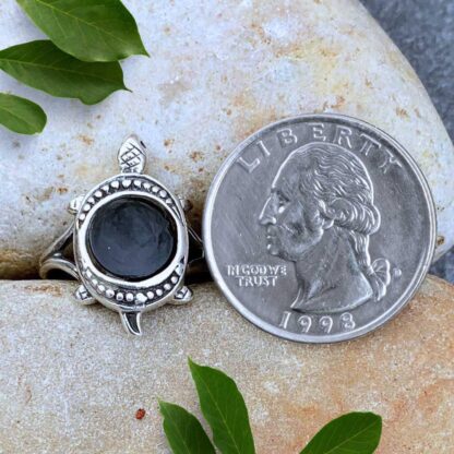 An image of a sterling silver turtle with the shell section being a round piece of black onyx gemstone. The ring is next to a quarter