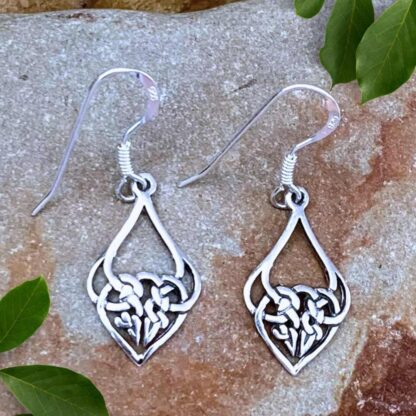 an image of a pair of dangle earrings with a Celtic Heart woven into the bottom section