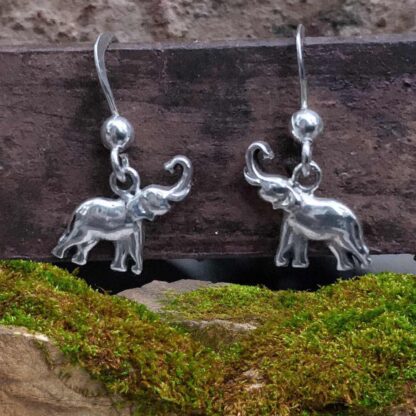 an image of a pair of dangling Sterling Silver Trunks Up Elephant Earrings