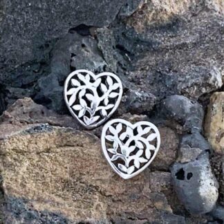 an image of a pair of sterling silver stud earrings that are the shape of a heart with a pattern of filigree leaves filling the heart