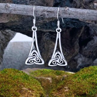 an image of a pair of dangling Triskelion and Triquetra Sterling Earrings with a Triskele symbol sitting inside a Triquetra symbol