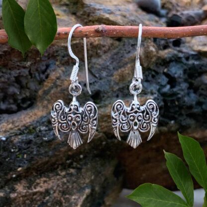 an image of swooping Sterling Silver Filigree Raven Dangle Earrings