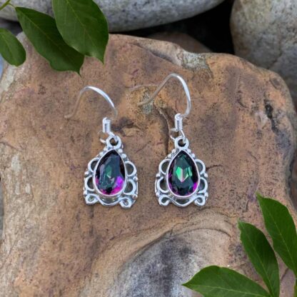 An image of our Elegant Sterling Silver Teardrop Mystic Topaz Dangle Earrings that have a Total Drop: 1.06 inches x Width: .39 inches