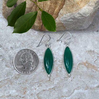 an image of a pair of dangling Marquise shaped Green Onyx & Sterling Earrings next to a quarter