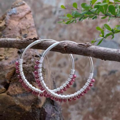 an image of a pair of Garnet Beaded Sterling Silver Hoop Earrings