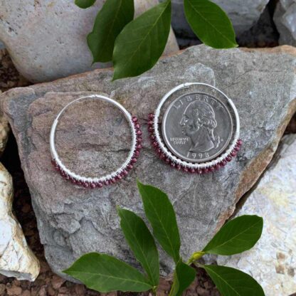 an image of a pair of Garnet Beaded Sterling Silver Hoop Earrings