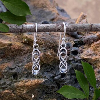 an image of a dainty pair of Sterling Silver Double Infinity Celtic Knot Dangle Earrings that are .566 inches in height.