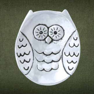 an image of a pewter owl charm bowl that is 2.5 inches x 2 inches