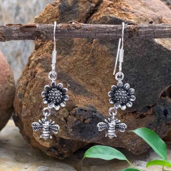 an image of a pair of Sterling Silver Bumblebee on Flower Dangle Earrings