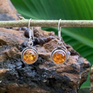 an image of a pair of Sterling Silver and Round Amber Dangle Earrings