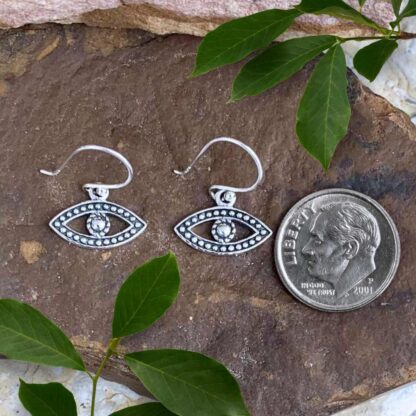 an image of a pair of Sterling Silver Beaded Open Eye Dangle Earrings next to a dime