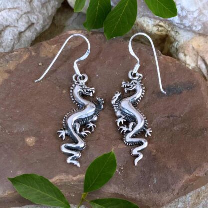 an image of a pair of Sterling Silver Dragon Dangle Earrings