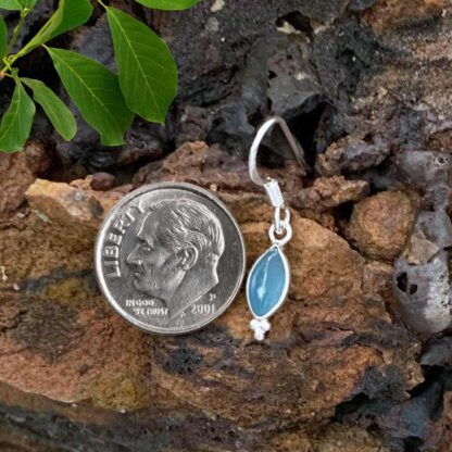 an image of a Petite dangle Marquise Blue Chalcedony and Sterling Silver Earring next to a dime